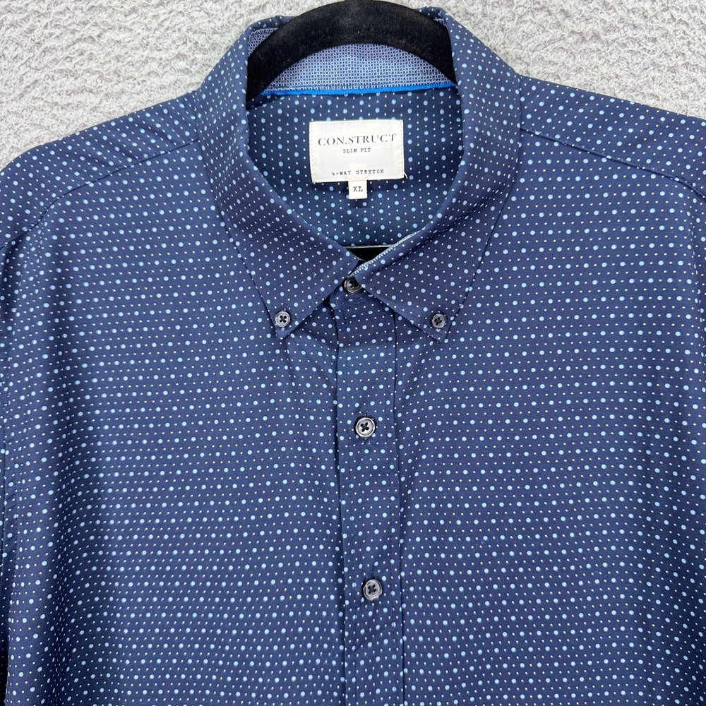 ConStruct Shirt Mens XL Blue Dot Slim 4-Way Stretch Short Sleeve Button Preppy